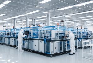 Các chuyên gia đang lắp đặt dây chuyền sản xuất mỹ phẩm hiện đại